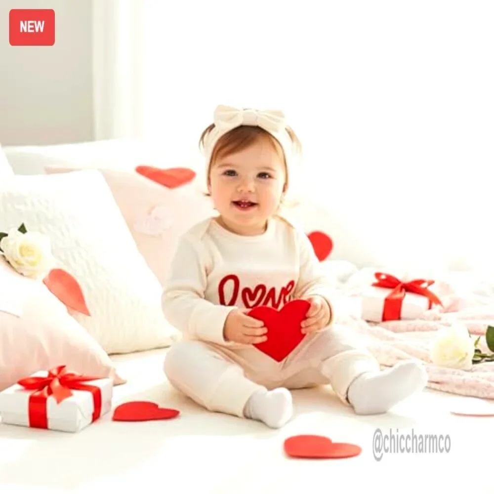 Newborn Valentine's Day Romper Long Sleeve Waffle Ruffle Jumpsuit with Headband